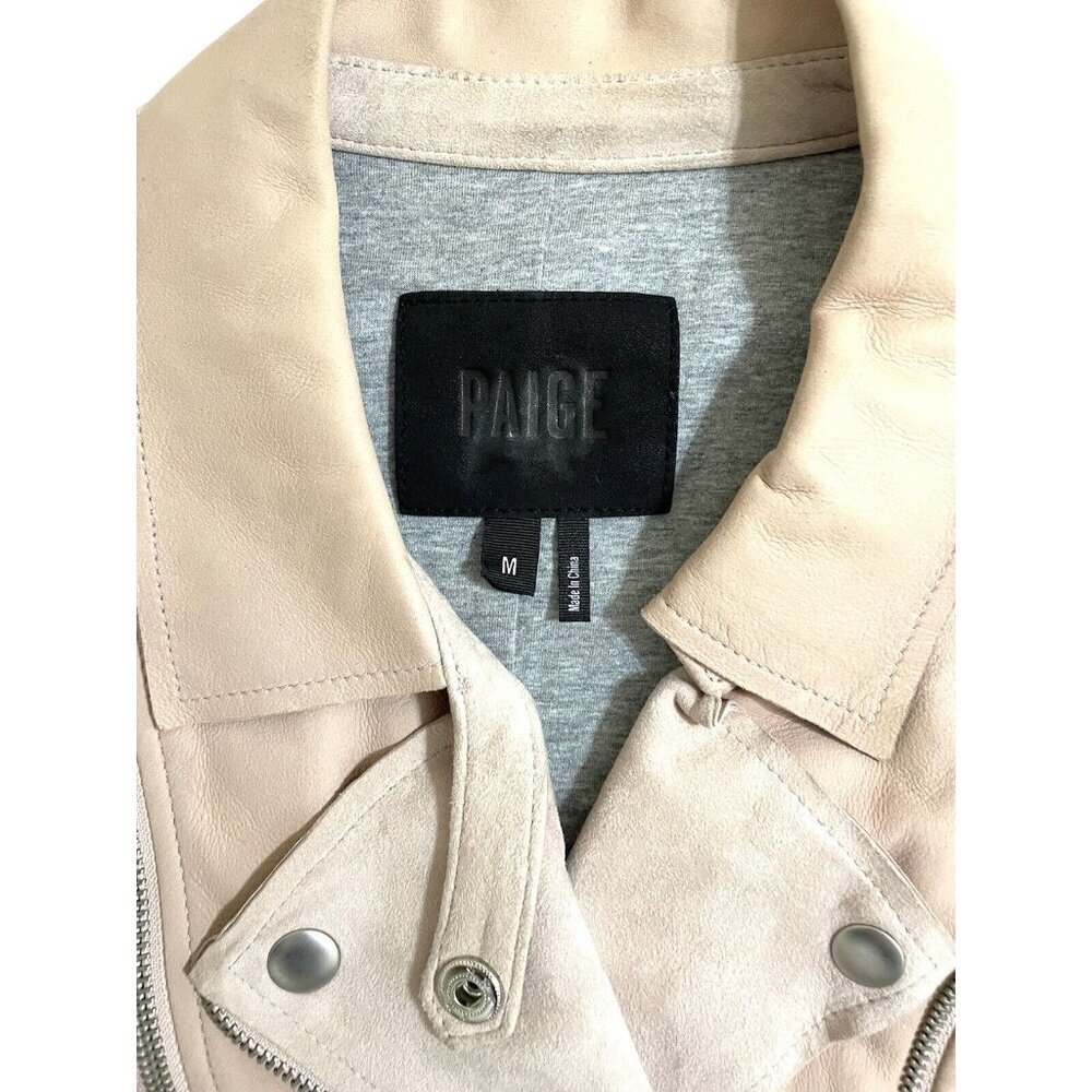 Paige Silvie Leather Moto Jacket Cropped Trim Pink Suede Leather Sz M - Picture 7 of 16